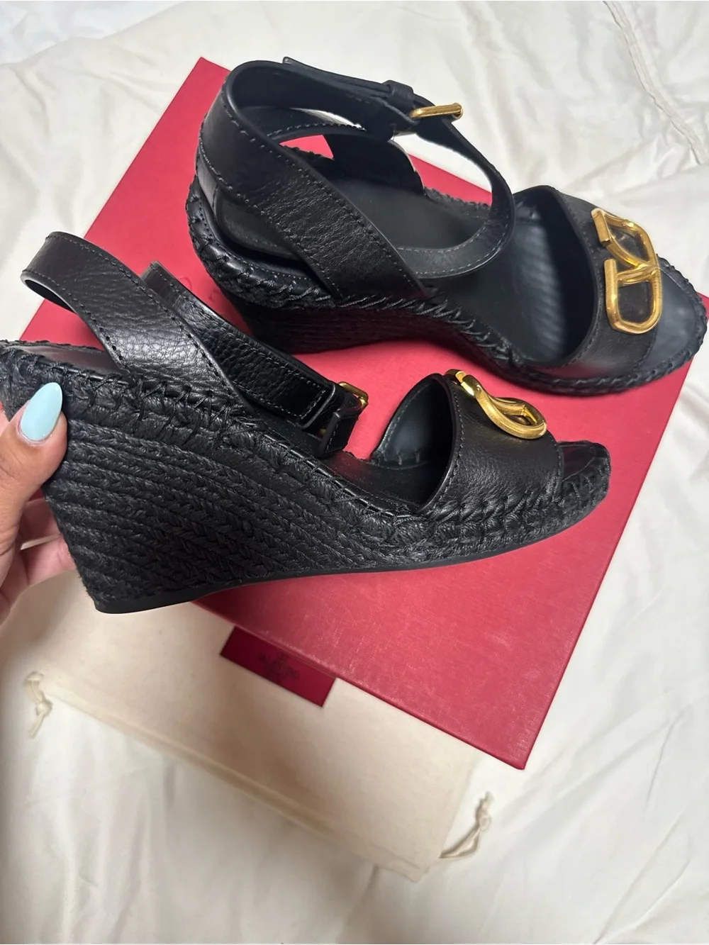 Valentino Black Leather Wedge Sandals with Gold Buckle - Women